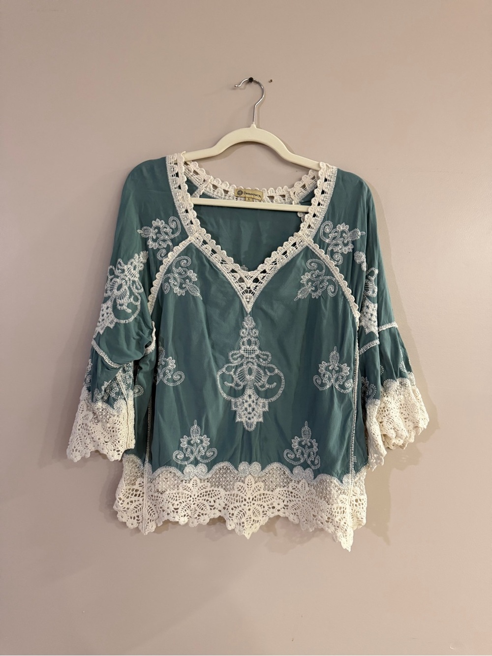 Democracy Teal Blouse with White Crochet Trim